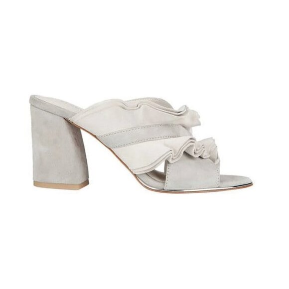 Kenneth Cole Laken Women's 10M Gray Leather Ruffled‎ Block Heel Slip On Sandals - Picture 1 of 9